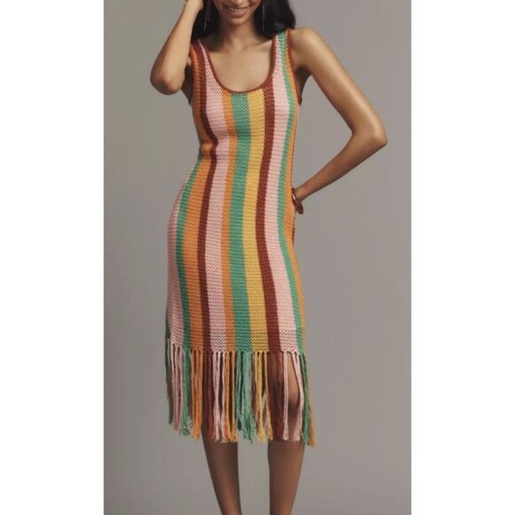 Farm Rio x Anthropologie Sleeveless Multicolor Stripe Crocet Midi Dress XS - Picture 13 of 13